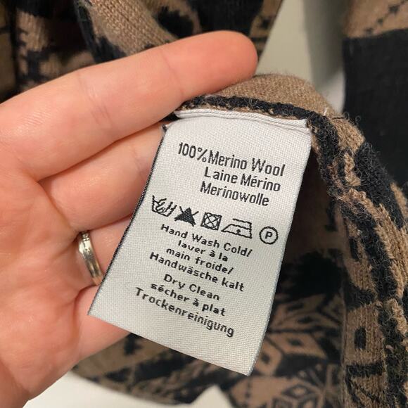 Neve Women's Sweater Coat Brown Black Merino Wool Toggle Buttons Deer Printed M - Picture 8 of 8